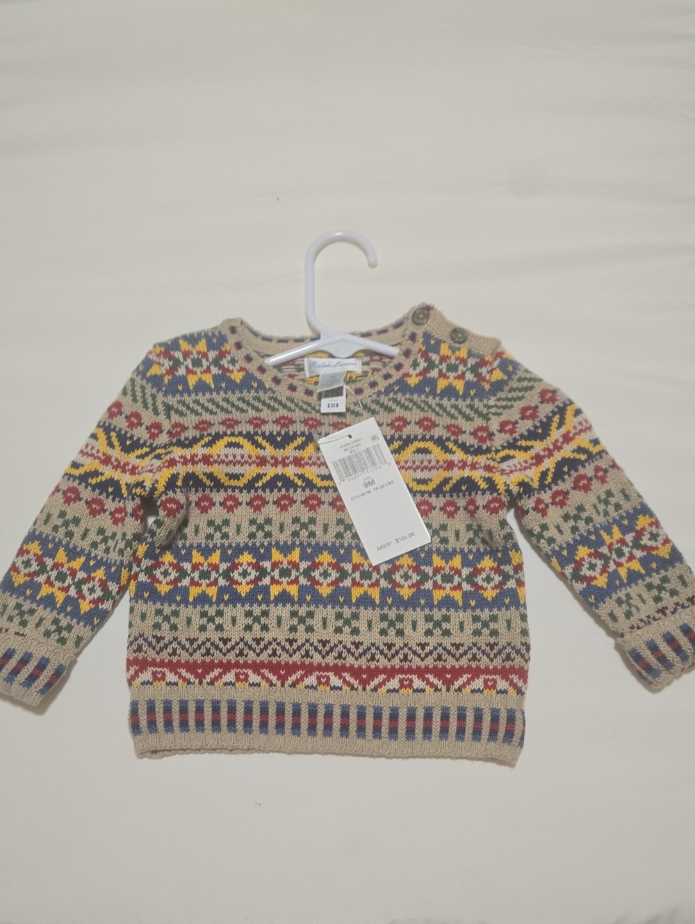 Ralph Lauren Beige Fair Isle Knit Sweater with Multicolor Pattern